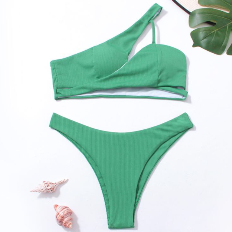 ワンショルダーブラジリアンビキニ グリーン 平置き