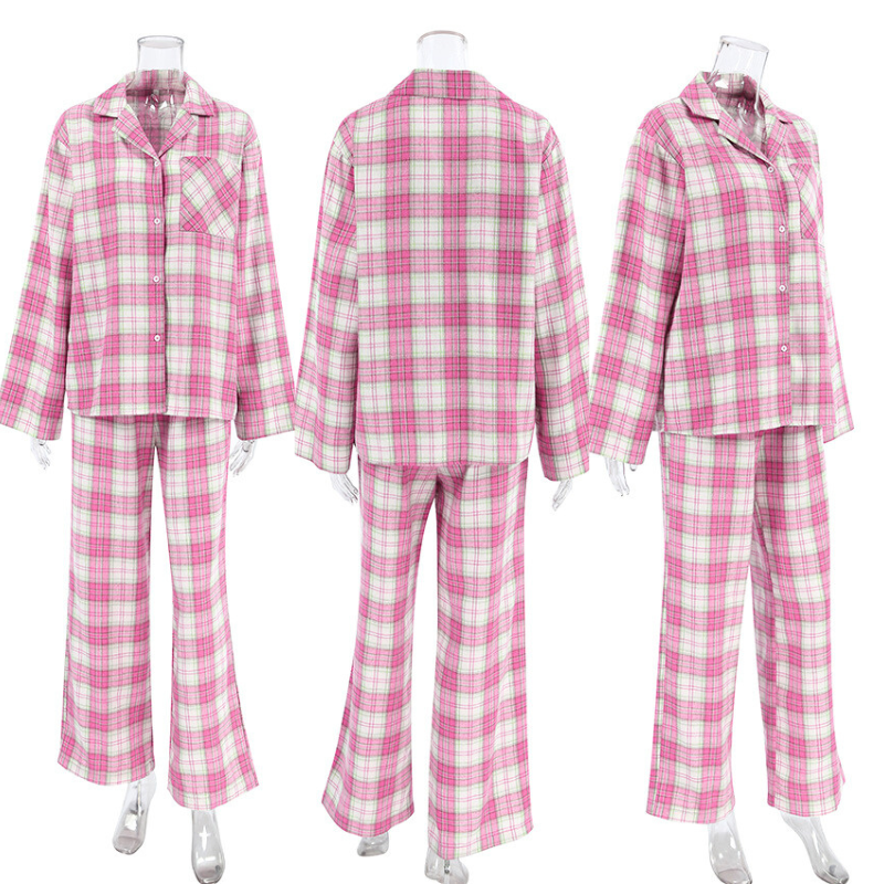 ピンクチェック柄シャツとパンツのルームウェア上下セット全体