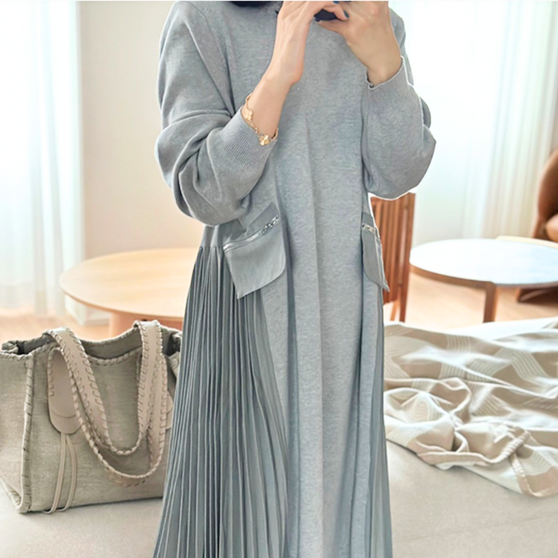 プリーツ切り替えデザインの異素材ワンピース｜30代女性に人気の男ウケ服