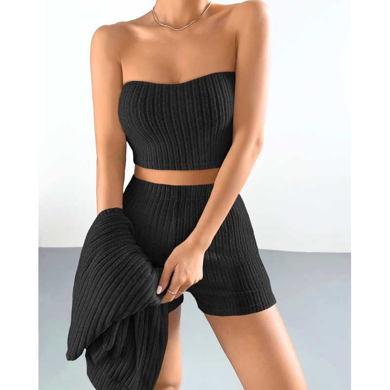 大人っぽいブラックのリブ素材ルームウェア3点セット