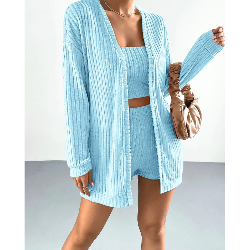 爽やかなブルーカラーのリブ素材ルームウェア3点セット