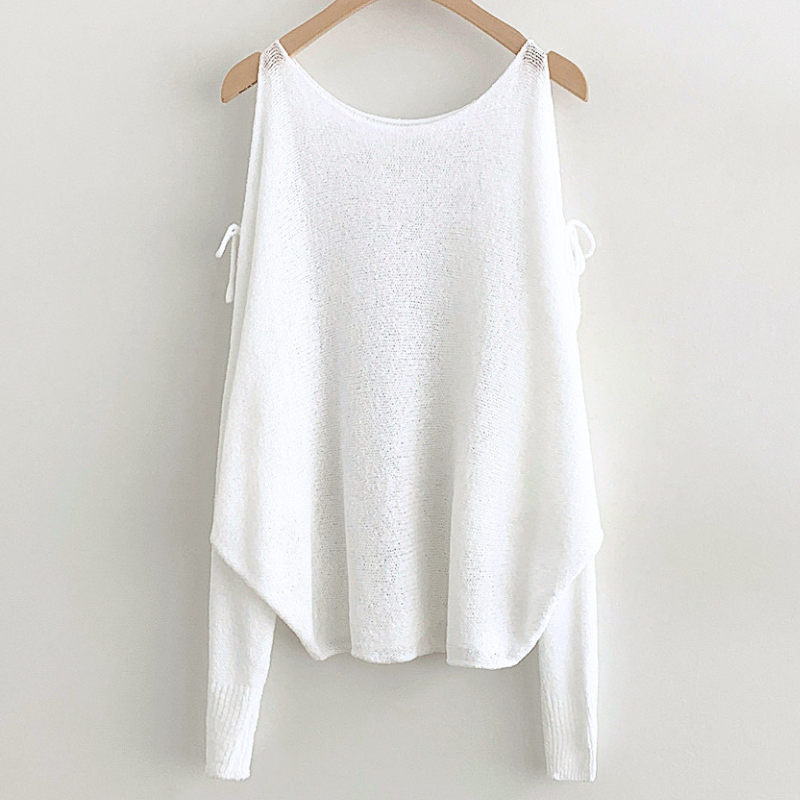 ホワイトのリボン肩開きシアーニットトップスの商品画像