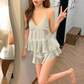 サテンレースティアードルームウェア 水色 フリルキャミ×ショートパンツ