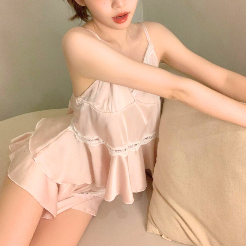 サテンレースティアードルームウェア ピンク パッド付き大人可愛いルームウェア