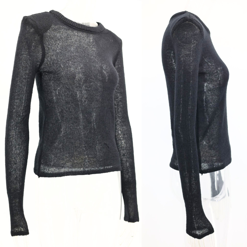 肩パッド入りシアーニットトップス 立体シルエットが分かる斜め角度