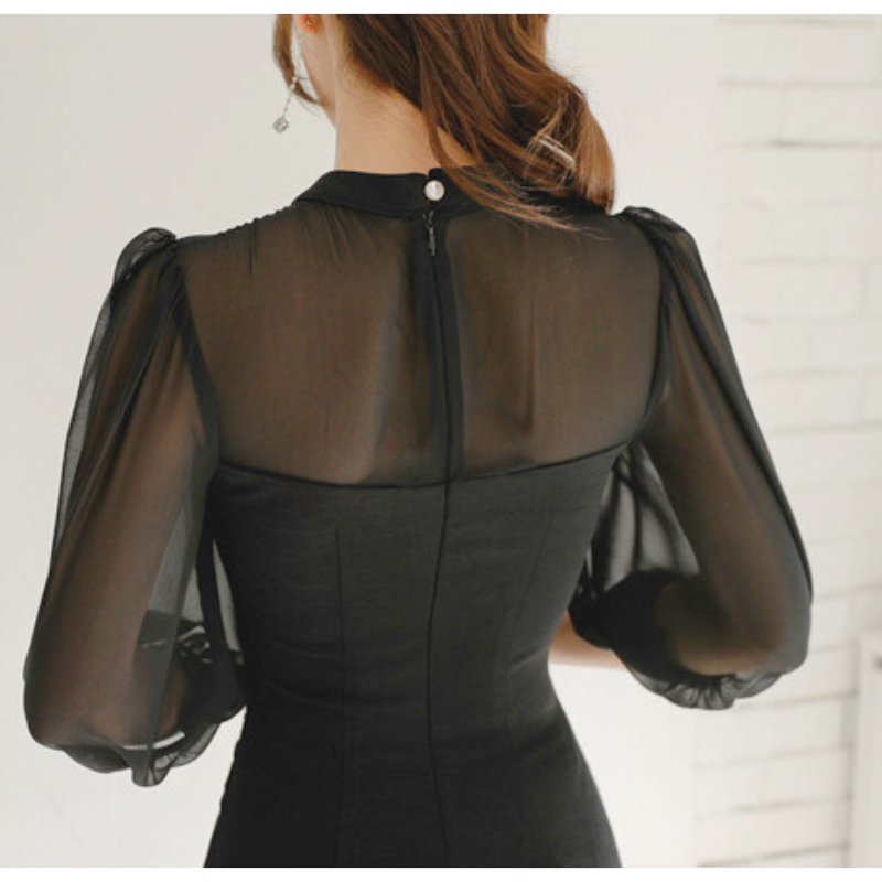 後ろ姿の透け感がわかるシアー袖ブラックミニワンピースのバックスタイル画像