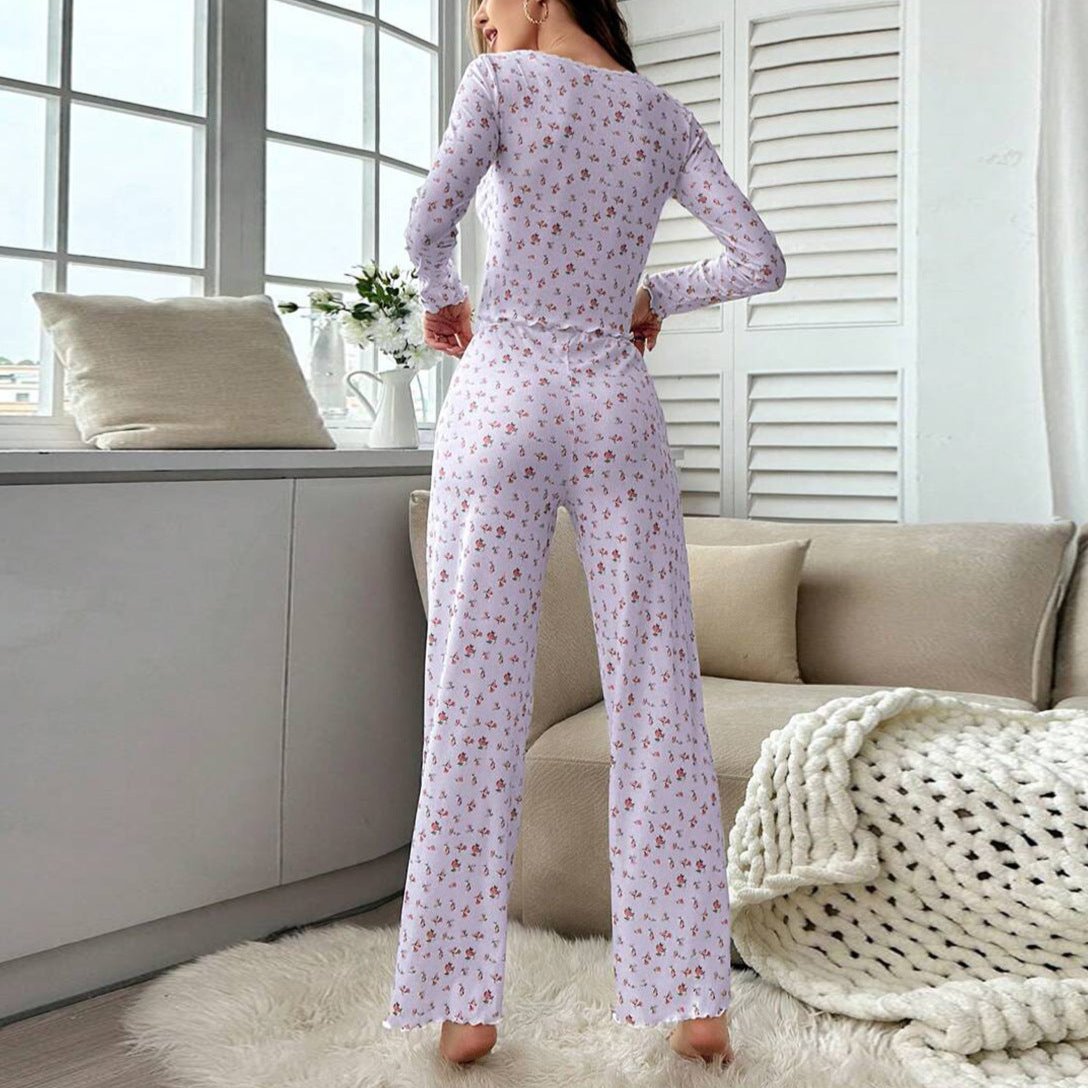 小花柄ルームウェアセットのバックスタイル（細見えライン）