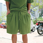 グリーンのセットアップハーフパンツ（カットオフ仕様）のディテール