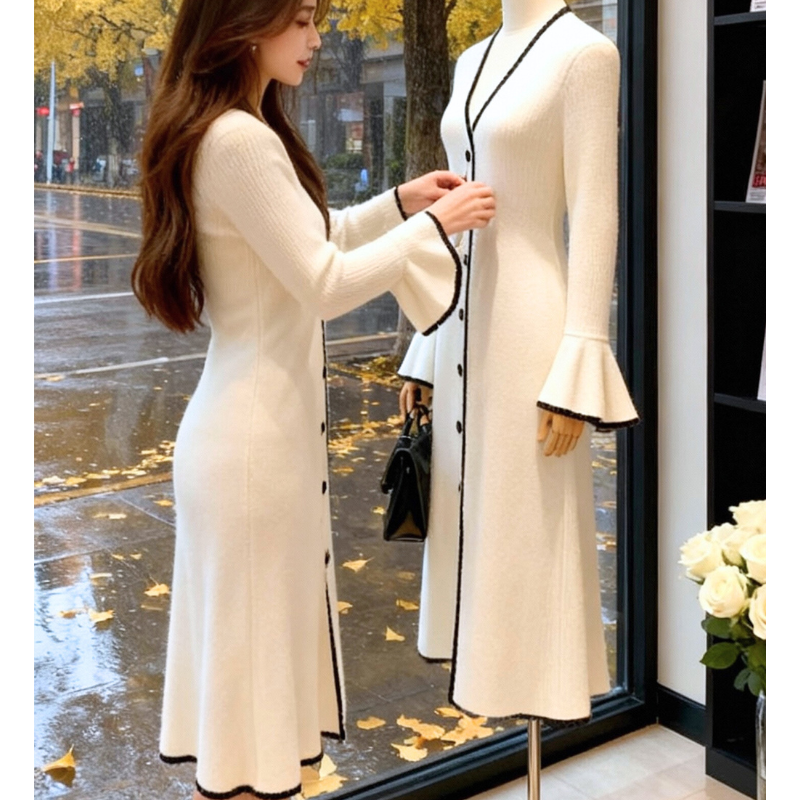 横から見たシルエットがきれいな配色パイピングリブニットワンピ（ホワイト）