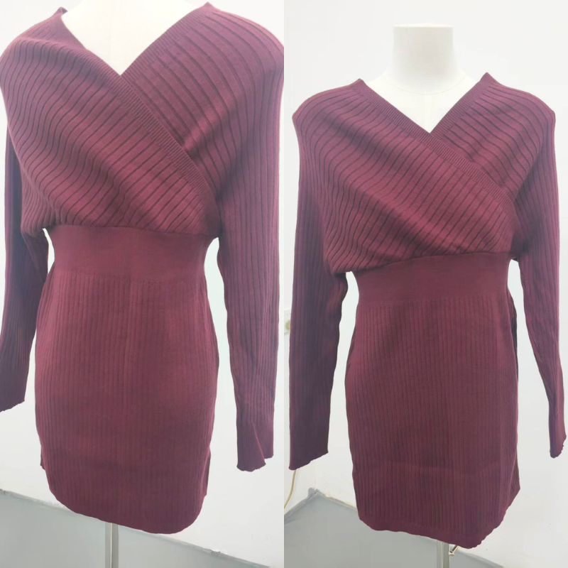 落ち着いたワインレッドの深Vクロスニットワンピース。秋冬デートに映える細見えシルエット。